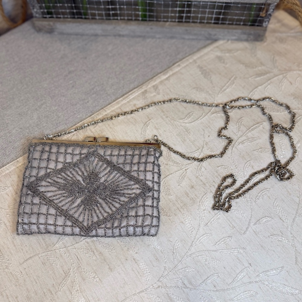 Vintage Inspired Silver Beaded Evening Clutch -‎ Geometric Sunburst 6.25" x 4.5"
